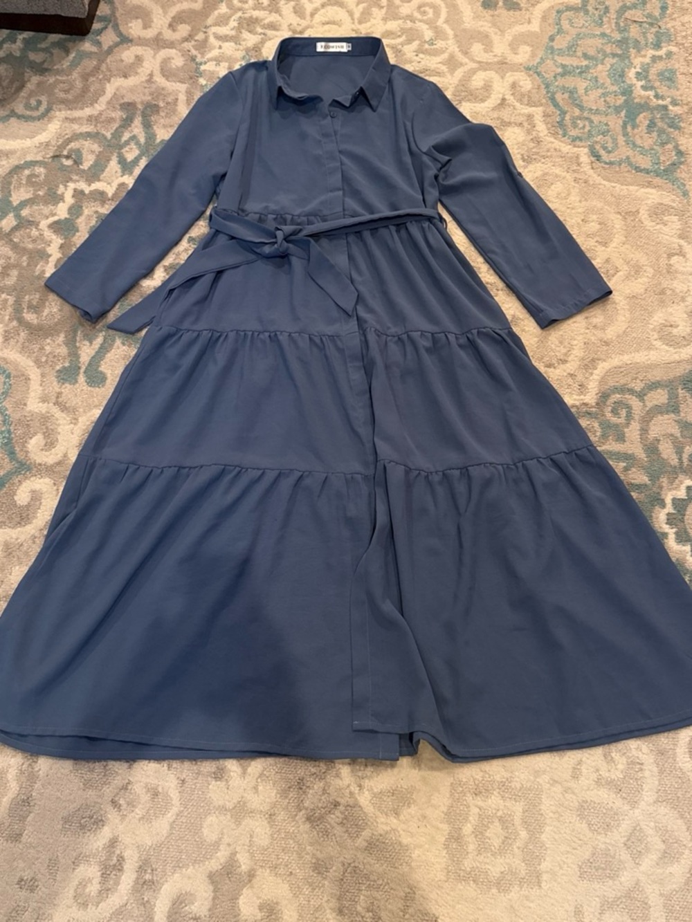 Long Navy Tiered Shirt Dress with Self-Tie Belt